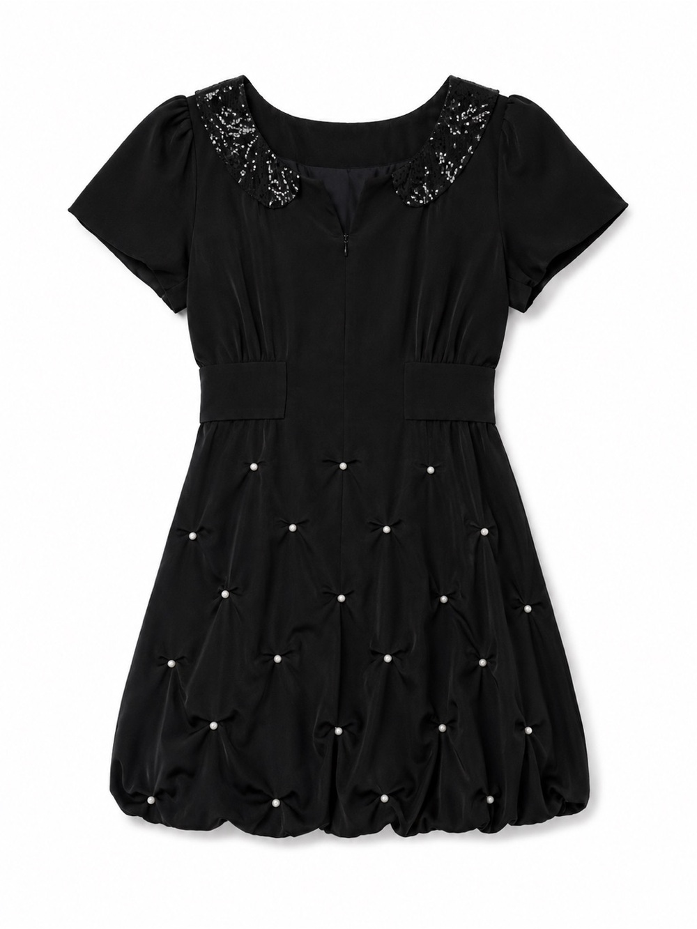 Sretsis Black Bubble Hem Dress Size 2 Sequin Collar Pearl Detail Puff Sleeve - Picture 4 of 6